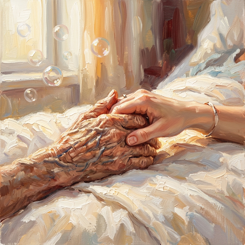 Oil painting of young and elderly hands clasped on a hospital bed