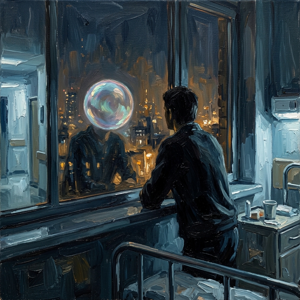 Oil painting of a person at a hospital window contemplating life
