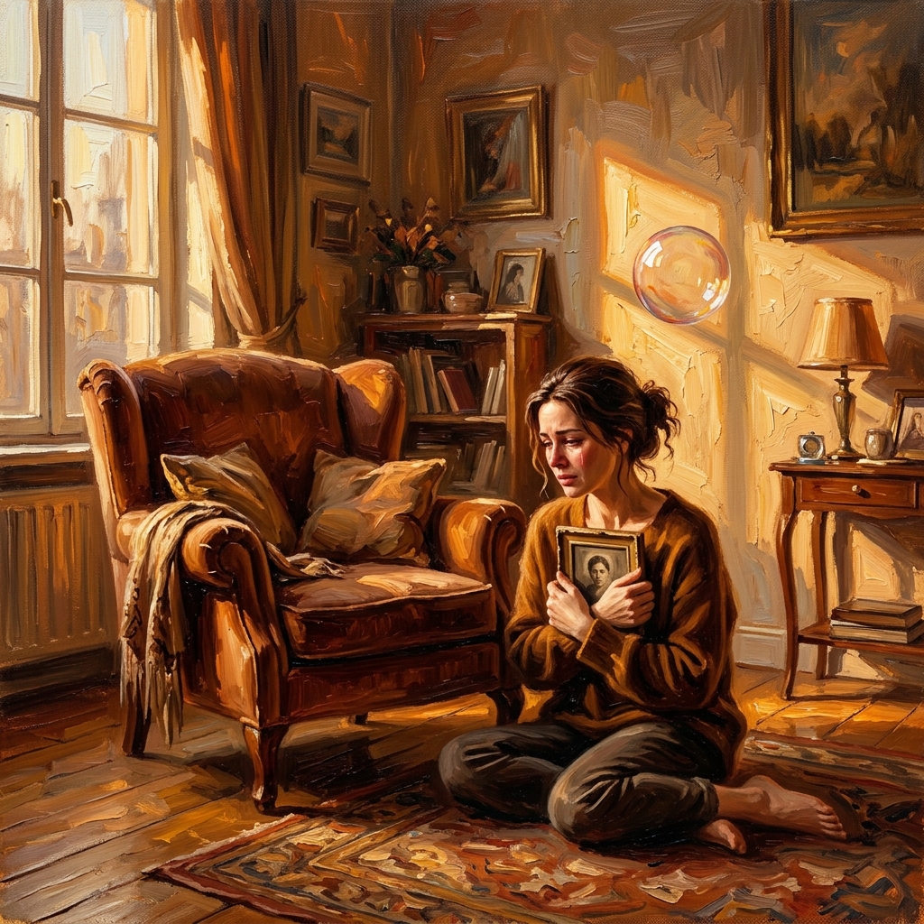 Oil painting of a woman holding a photograph beside an empty armchair