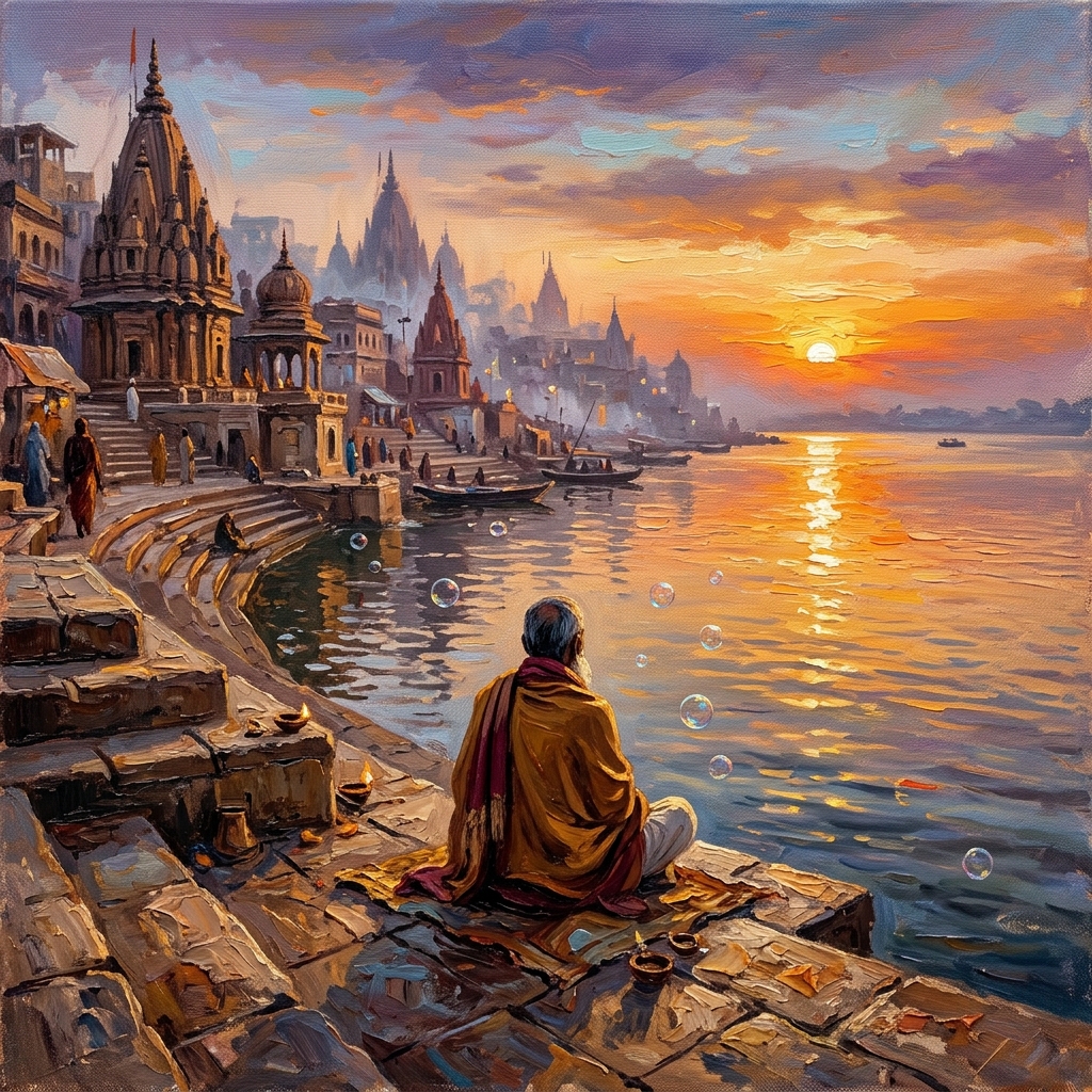 Oil painting of a seeker meditating at the Varanasi ghats at dawn