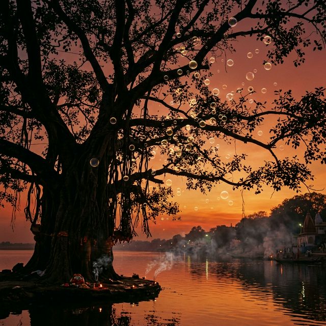 A banyan tree at twilight